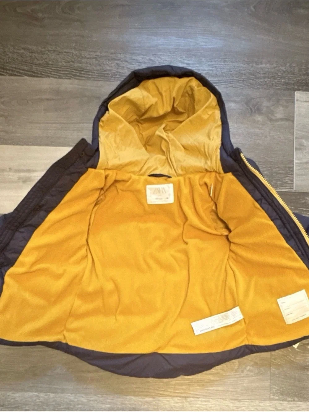 Zara Navy Puffer Jacket with Mustard Hood Lining